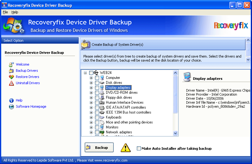 Screenshot of Recoveryfix Device Driver Backup