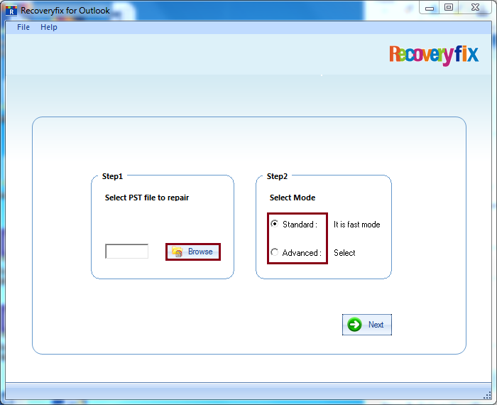 Select the Mode and Browse to locate the folder containing the corrupt PST file
