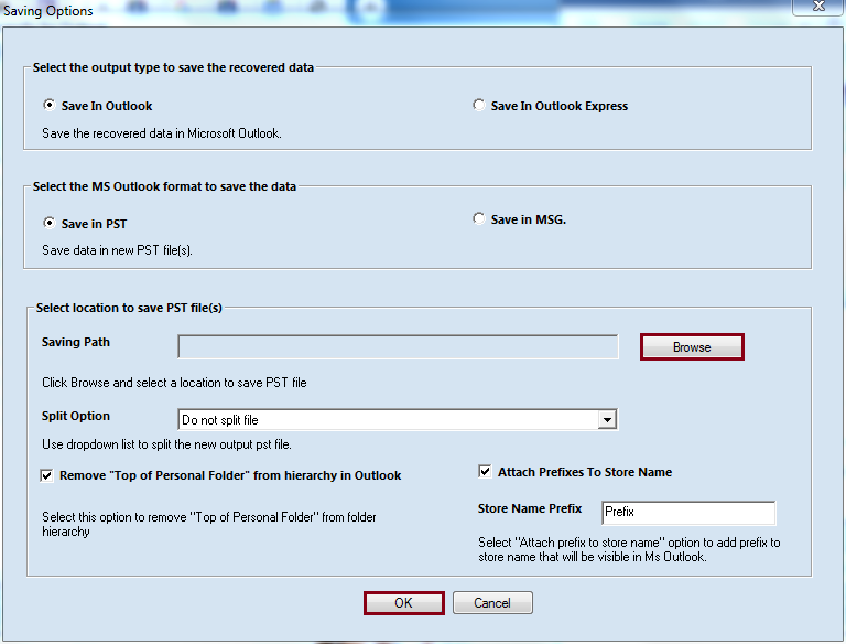 Browse to provide a destination path to save the recovered file and click OK