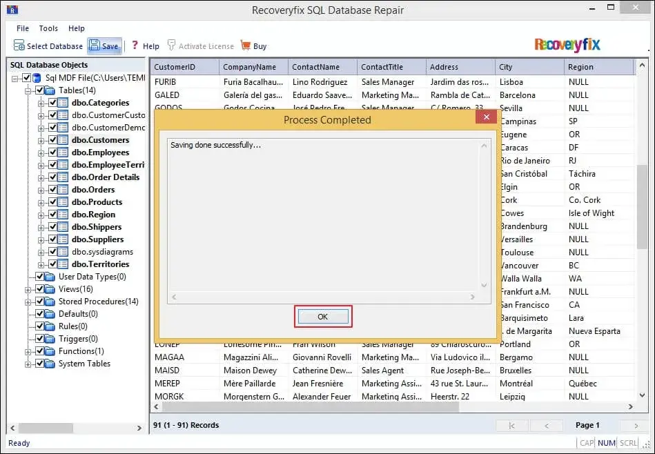Restore corrupt MDF file Process Completed