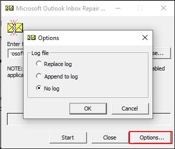 Click Options and select specify the scan log option