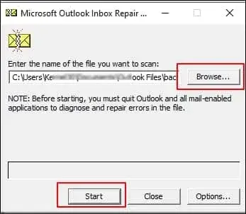 Click browse to select corrupt PST and click start