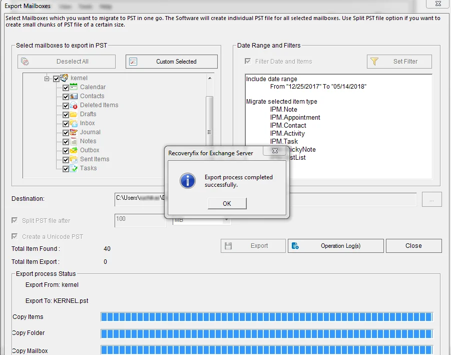 EDB to PST process Process completed