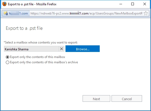 click on browse to select mailbox and then choose options and click next