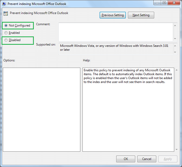 checkbox is selected for either Not Configured or Disabled