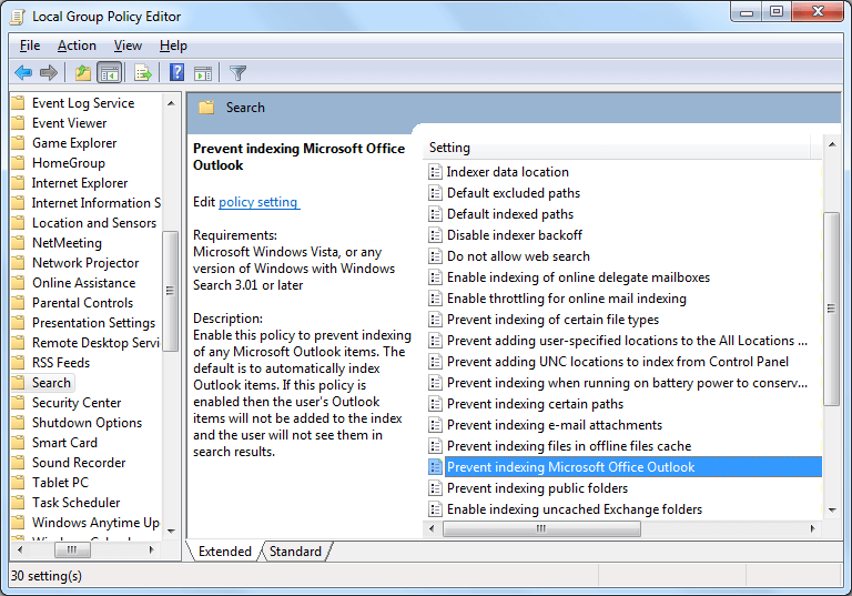 select the option Prevent Indexing Microsoft Office Outlook