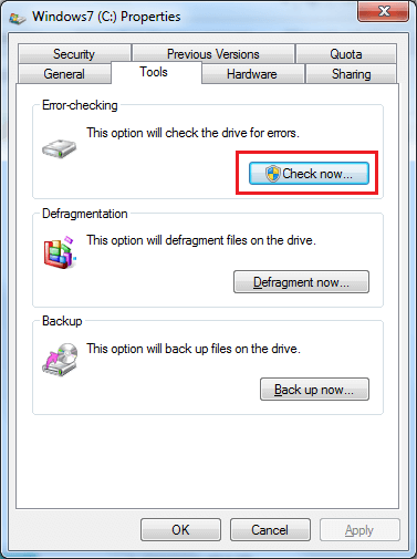 Under Properties, select Tools and then click on Check now.