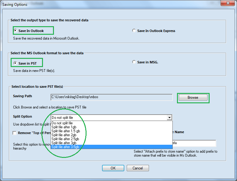 repaired data can be saved in Outlook, in PST format