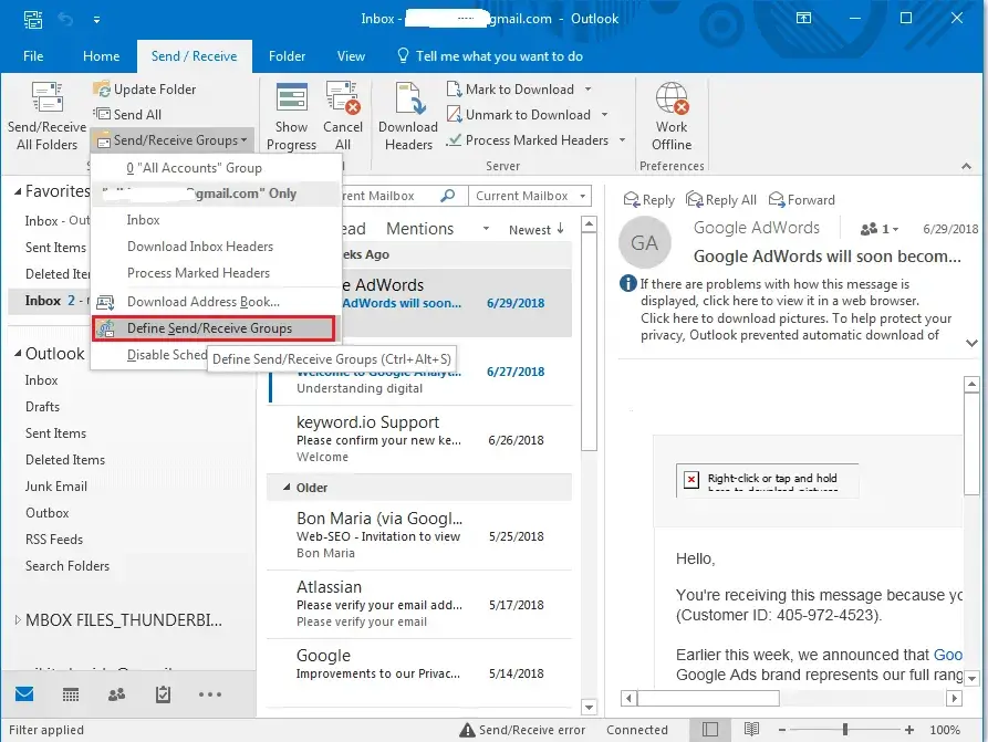 select Define Send Receive Groups