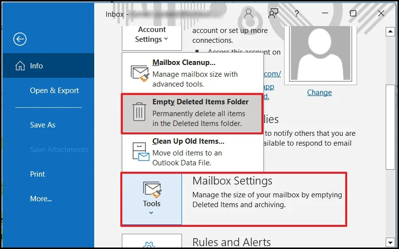 choose Empty Deleted Items Folder