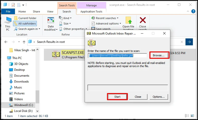 select the PST file for repair