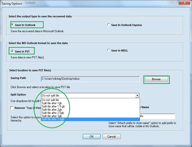 repaired data can be saved in Outlook