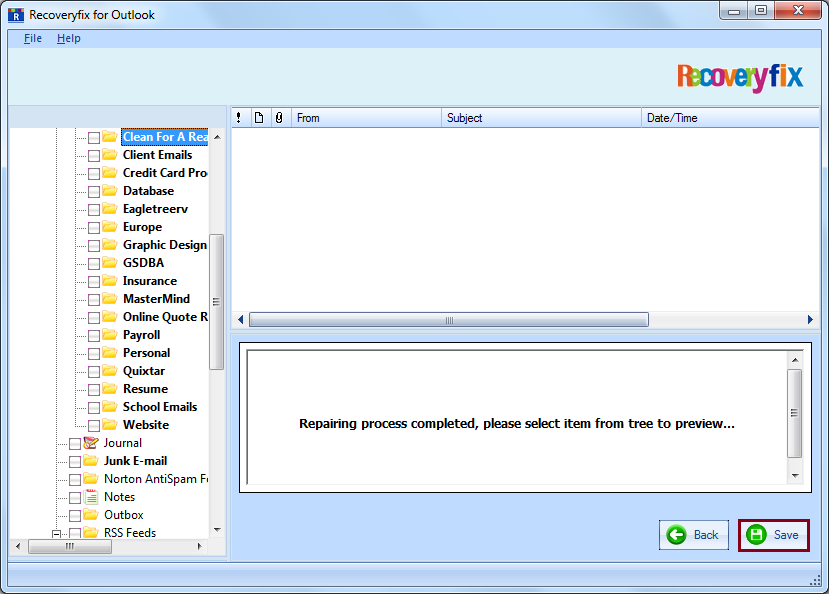 Select the required folders and click Save to save the recovered PST