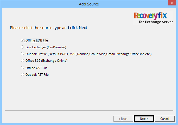 Choose Offline EDB file as the source option and click Next
