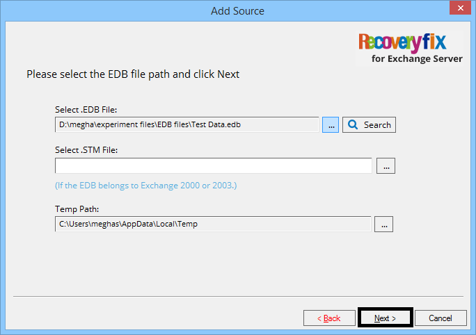 Click … to browse and add the EDB file for recovery; click Next