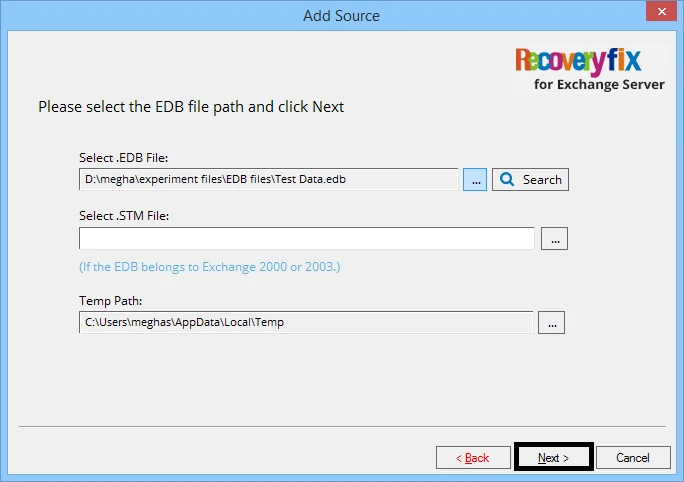 rowse and add the EDB file for recovery