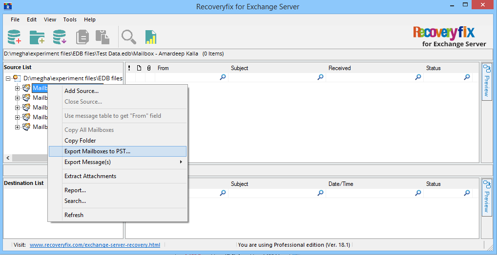 selecting Export mailboxes to PST