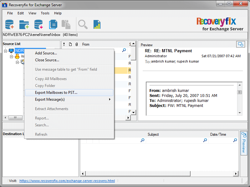 Export mailboxes to PST