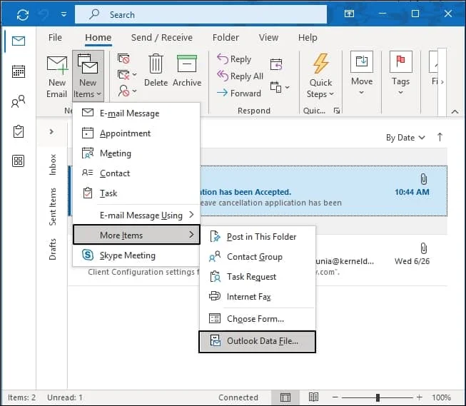 choose More Items and click on Outlook Data File