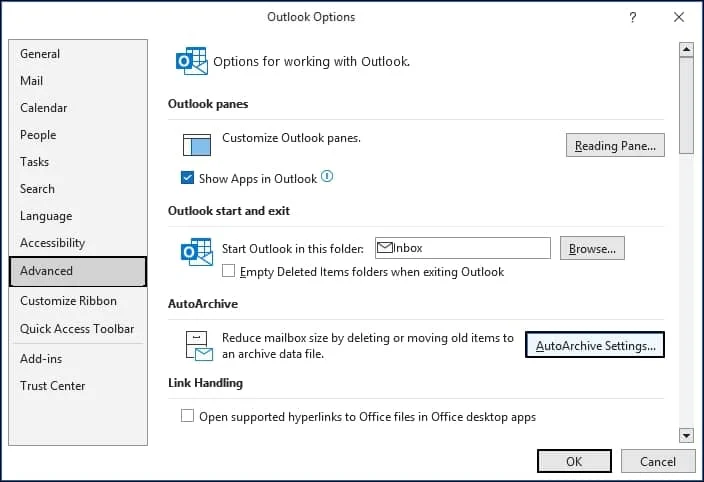 Select Advanced and then click on AutoArchive Settings