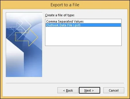Choose the file type as Outlook Data File