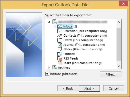 Select the folder Inbox to export the data