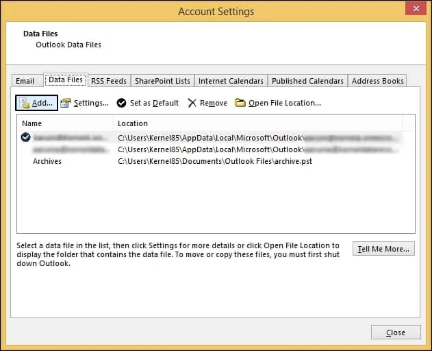 Choose the Data Files tab and click on the Add