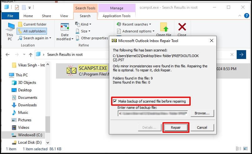 click on repair button