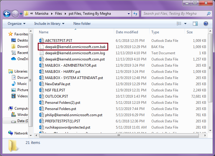 Select .bak file located in the same folder that contains PST file