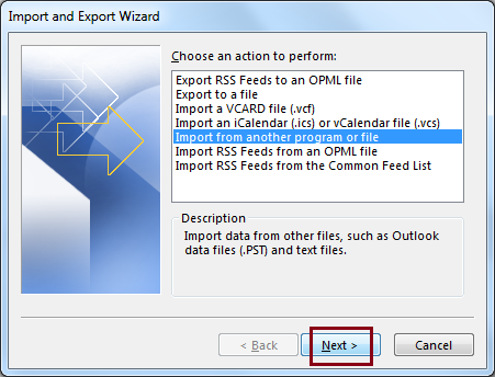 Select Import from another program or file option and click Next