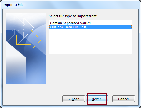 Select Outlook Data File (.pst) option and click Next