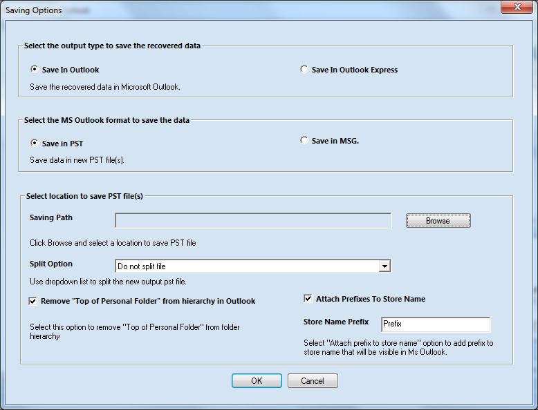 Select the file location to Save, give a Prefix to your file (optional),
Click Ok