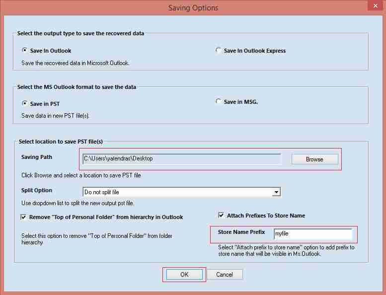 Split file, save in PST or MSG, save in Outlook or Outlook Express, etc