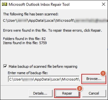 repair to fix PST file