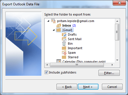 Select mail folder you wish to backup. Click next