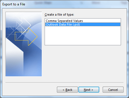 selecting Outlook Data File (.PST). Click Next