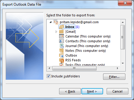 Select the folder to export from. Click Next