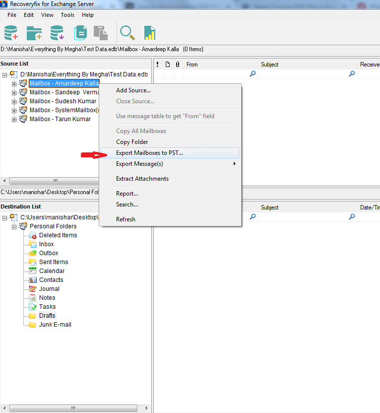 Right click on desired mailbox and select Export Mailboxes to PST