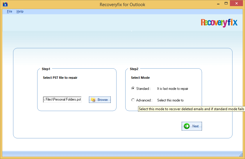 select the PST file to repair AND Select mode