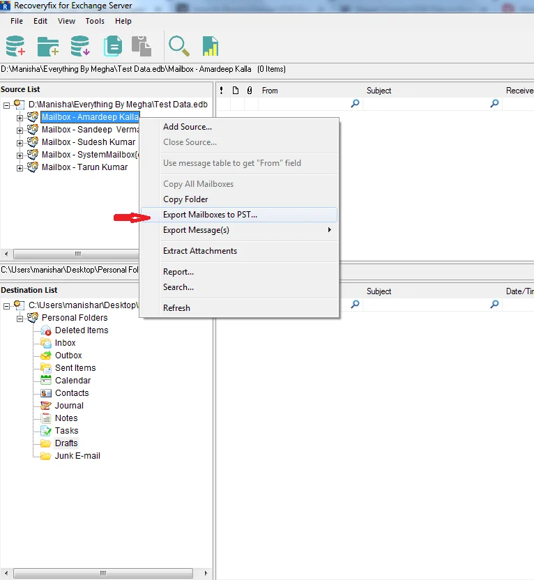 select Export Mailboxes to PST