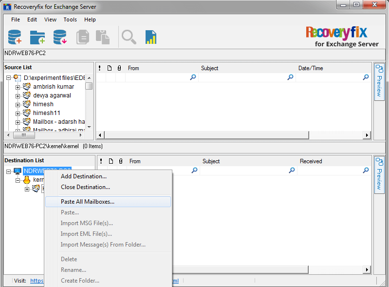 Click Paste all mailboxes
