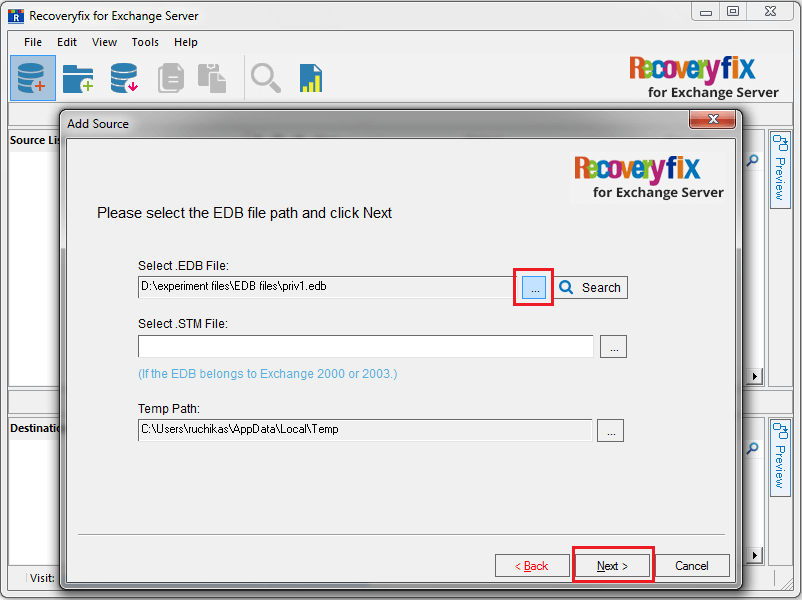 click the Browse button to select the EDB file, and then click Next.