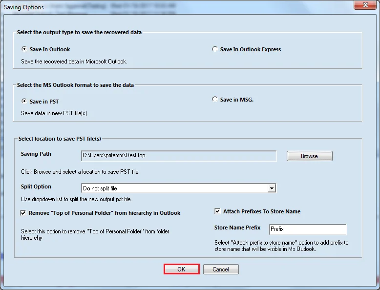 Select location to save the PST File