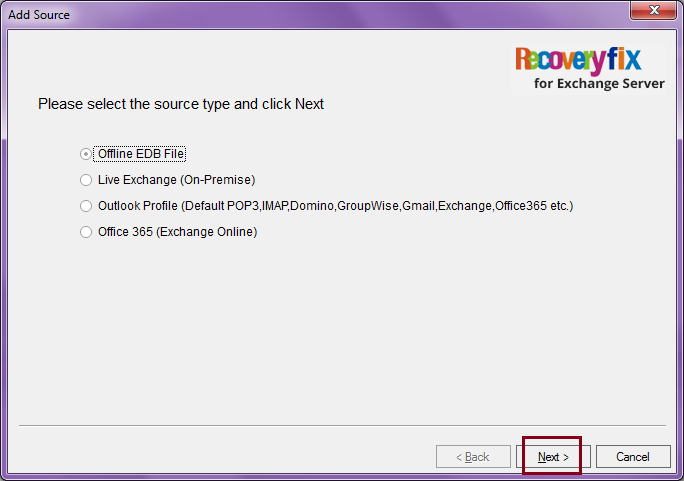 select the source type, select ‘Offline EDB file’ and click on Next