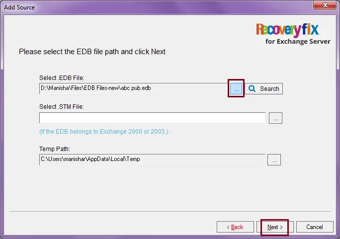 click on the three dots to browse the file, then select the corrupt EDB file and click on Next