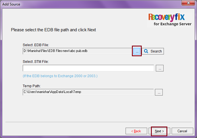 Select the desired healthy or corrupt EDB file and click on Next