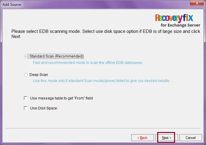 Select the EDB scanning mode and  click on Next