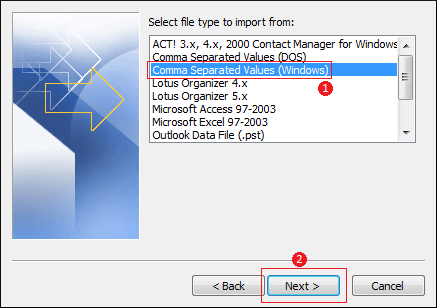 Select Comma Separated Values (Windows) click Next
