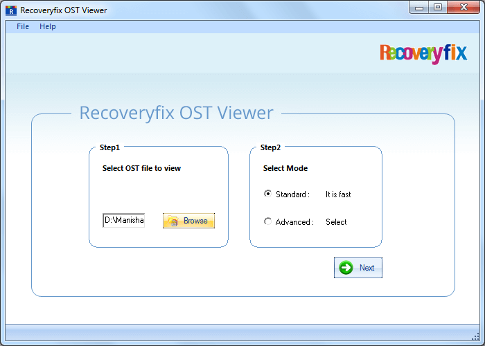 Browse to select the OST file and then press Next