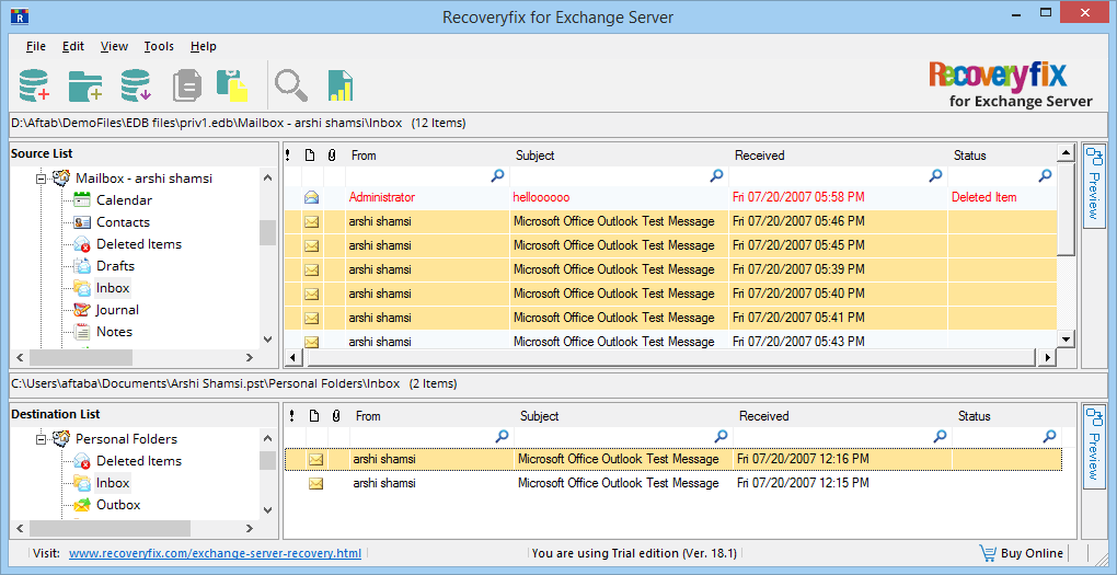 ecovered the corrupt data from the EDB file to a PST file
